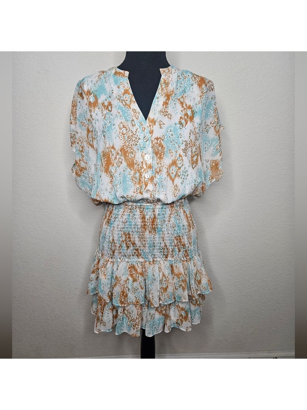 Entro Abstract Leopard Floral Print Cap Sleeve Smocked Waist Ruffle Mini Dress